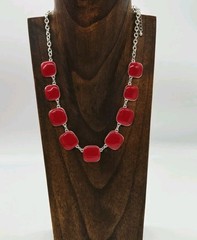 Red Enamel Square Link Necklace Silver tone Art Deco Collar Vintage 21 in