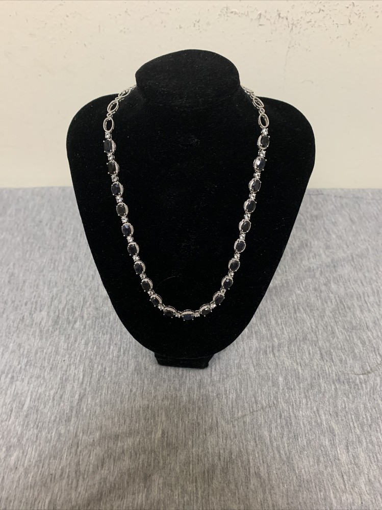Vintage Sterling Onyx Cabochon & Cubic Zirconia Link 16” Tennis Necklace