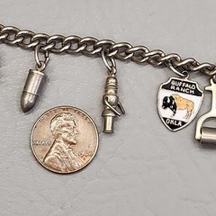 Vintage Enco Charm Bracelet 9 Dangles Buffalo Ranch Shield Silver Tone 7″
