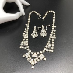 Vintage Clear Rhinestone 14 1/2” Necklace Signed D’ver N Y Screw Earring (3174)