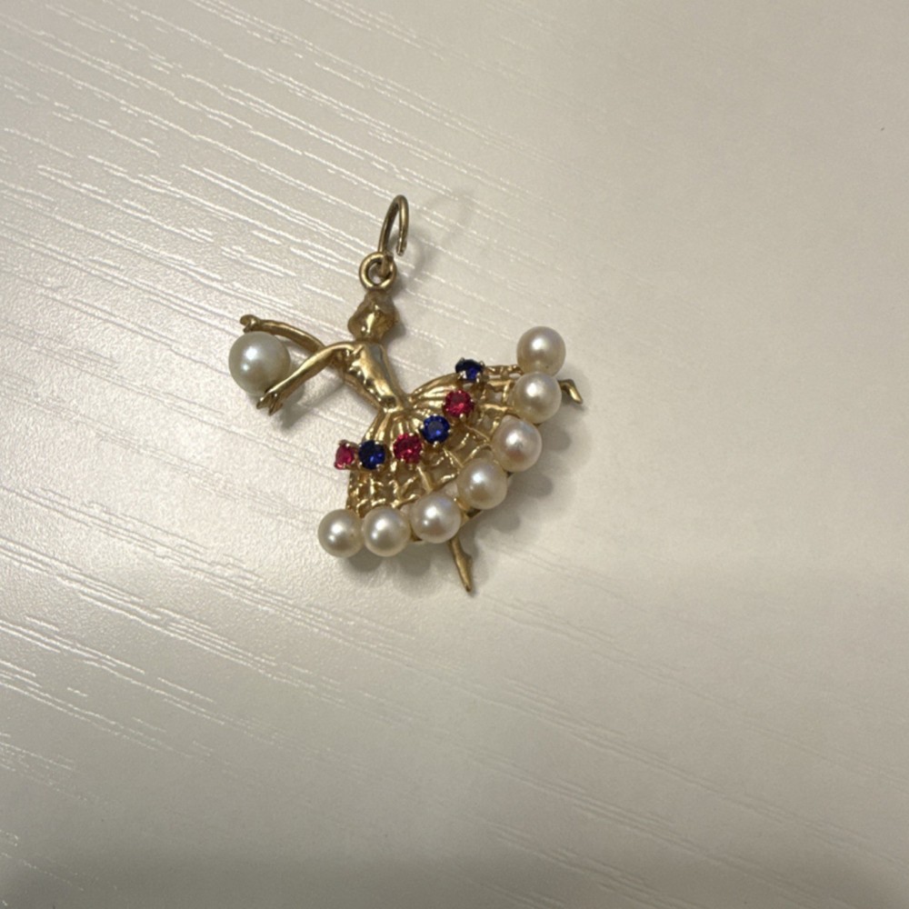 Vintage 14k Yellow Gold Ballerina Dancer Charm with Pearls and Gemstones