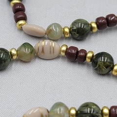 Vintage Brown Green Beige Bead Necklace Gold tone 36″