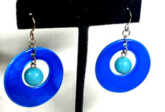 Vintage NOS SUMMER SALE Silver Color & Blue Acrylic Circle Pierced Wire Earrings