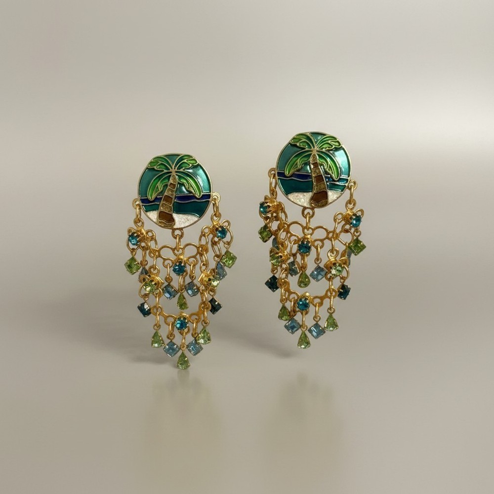 LUNCH AT THE RITZ Couture Vintage Palm Tree Dangles Clip On Chandelier Earrings