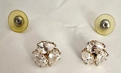 Earrings w/3 Clear Tear Drop Rhinestones On Each w Push-On Backs Gold-Tone Studs