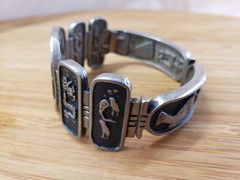 Vintage Egyptian 800 Silver Niello Storyteller Panel Hinged Bracelet