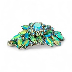Vintage 1950s Peacock AB Emerald Rhinestone Brooch Silver Tone Marquise Chaton