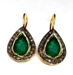 Stunning 1.03ctw Rose Cut Diamond Emerald Studded Silver Vintage Earring Jewelry