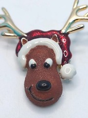Vintage Reindeer Santa Hat Glitter Enamel Retro Christmas Pin Brooch Danecraft