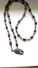 Vintage 925 Sterling Silver Carnival Glass Cultured Pearl Beaded Necklace
