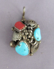 VINTAGE OLD PAWN STERLING NAVAJO LUCY C. CLUSTER BRANCH CORAL TURQUOISE PENDANT