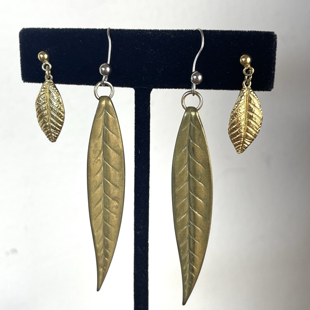Vintage Festival Feathers & Leaf Pierced Earrings Brass Gold Tone Jewelry Native