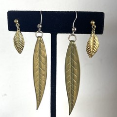 Vintage Festival Feathers & Leaf Pierced Earrings Brass Gold Tone Jewelry Native