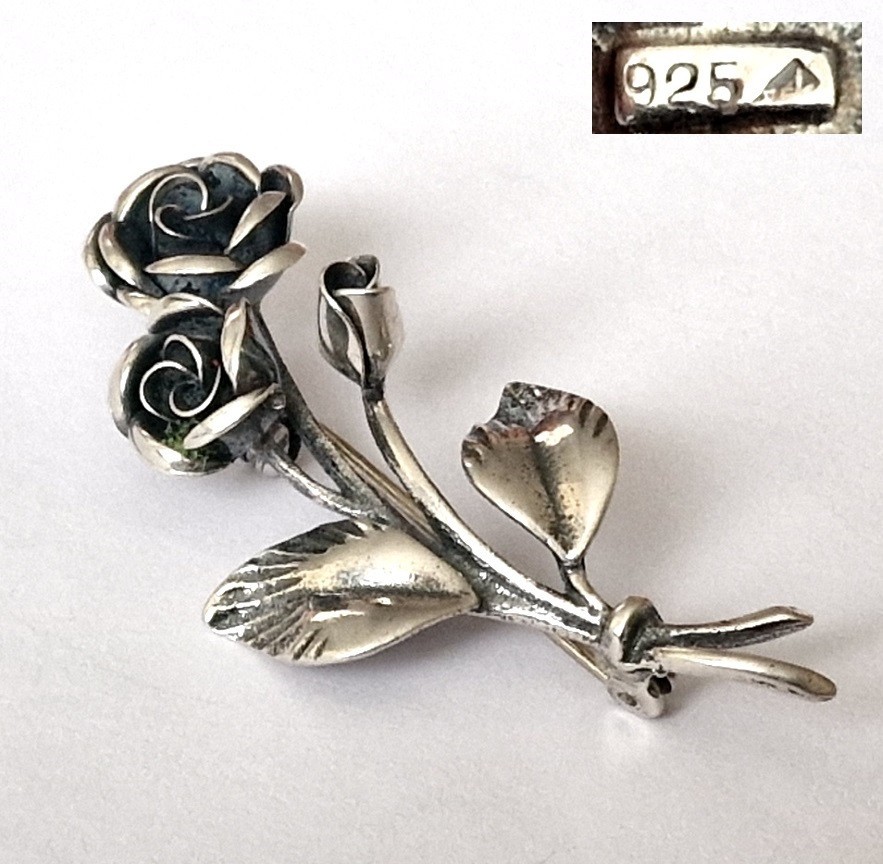 Brooch Branch Rose Flowers 925 Silver THEODOR KLOTZ Pforzheim “TEKA” Z751