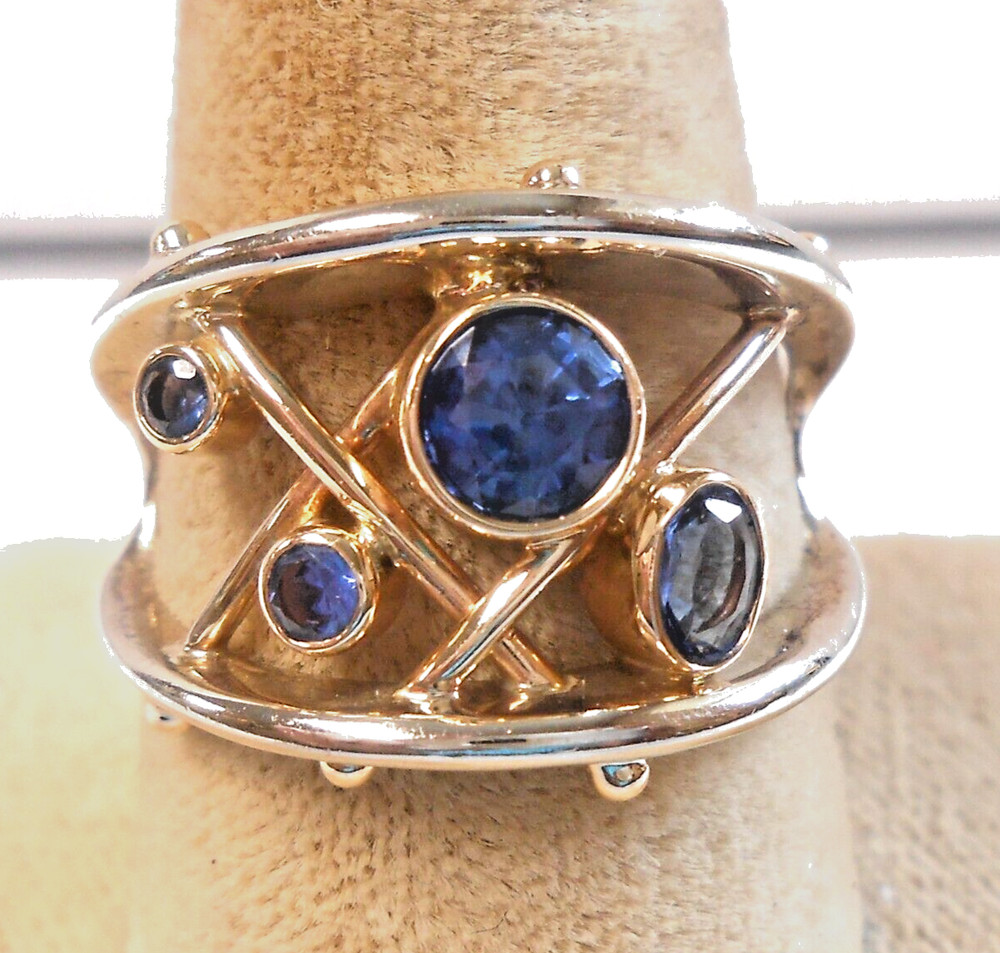 Fabulous 14K White & Yellow Gold Free Form Sapphire Gem Set Ring Size 7.5