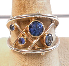 Fabulous 14K White & Yellow Gold Free Form Sapphire Gem Set Ring Size 7.5