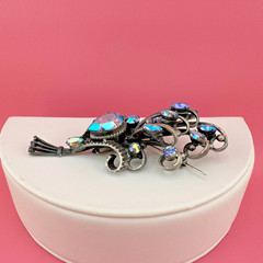 Vintage Rhinestone Brooch Aqua Blue Aurora Borealis Floral Bouquet Pot Metal?