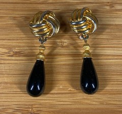 VTG Monet Pink Gold Clip Earrings + Unsigned Gold Black Glass Drop Clip Earrings