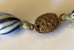 VTG Chinese Porcelain Blue White Stripes Oval Bead Necklace Hand-Knotted Silk