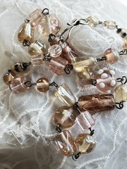Vintage Wire Wrapped Peach Champagne Art Glass Bead Chain Necklace 20″ 50g