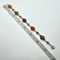 Vintage Diamond and Mini Round Shape Natural Baltic Amber Silver Bracelet 7.5”