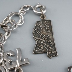 1974 Sterling Silver Double Link Chain W/ 11 Charms Bracelet 7.25” VTG 37.7g