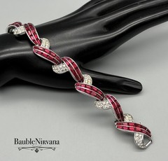 Vintage Boucher Cross Over Link Bracelet Red Baguettes&Clear Crystal Stones