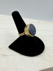 Vintage Artisan Lapis Lazuli Cabochon Brass Tone Adjustable Ring Sz 8.5