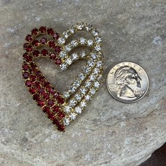 Triple Heart Clear & Red Rhinestone Gold Tone Pin Brooch Valentine gift 2 3/8″