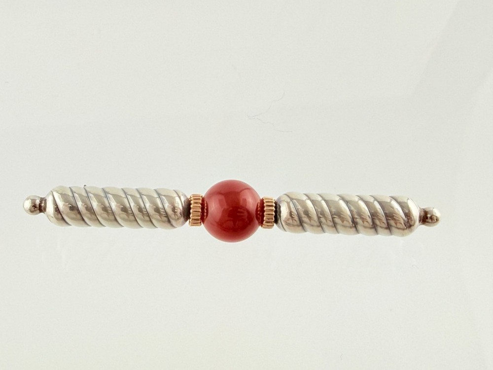 Vintage NR Signed Sterling Silver and 14kt Gold Carnelian Bead Bar Brooch Pin