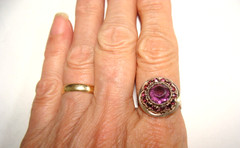 Art Deco Dainty Sterling Silver Adjustable Simulated Amethyst Glass Halo Ring 7