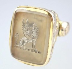 Superb Antique Georgian Gold Fill Chalcedony Griffin Sword Intaglio Seal Pendant