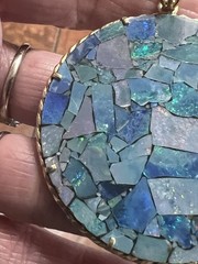Large Vintage 14K Gold Rope Design Opal Mosaic Statement Pendant 2 5/8″ length