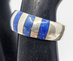 Vintage 950 Silver Mexico Lapis Lazuli Inlaid Flush Domed Ring Band Size 7