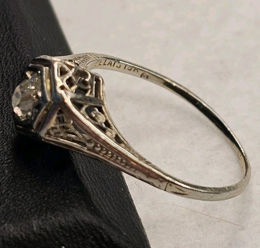 Antique Belais 18K White Gold Art Deco Ring Elongated Old Mine Cut Diamond