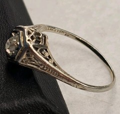 Antique Belais 18K White Gold Art Deco Ring Elongated Old Mine Cut Diamond