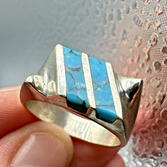 Vtg Taxco 925 Sterling Mens Turquoise Inlay Ring Signed Sz 11.75 Modernist 13.1g