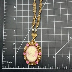 Vintage West Germany Pink Cameo Necklace Exceptional Brass Filigree 1960s