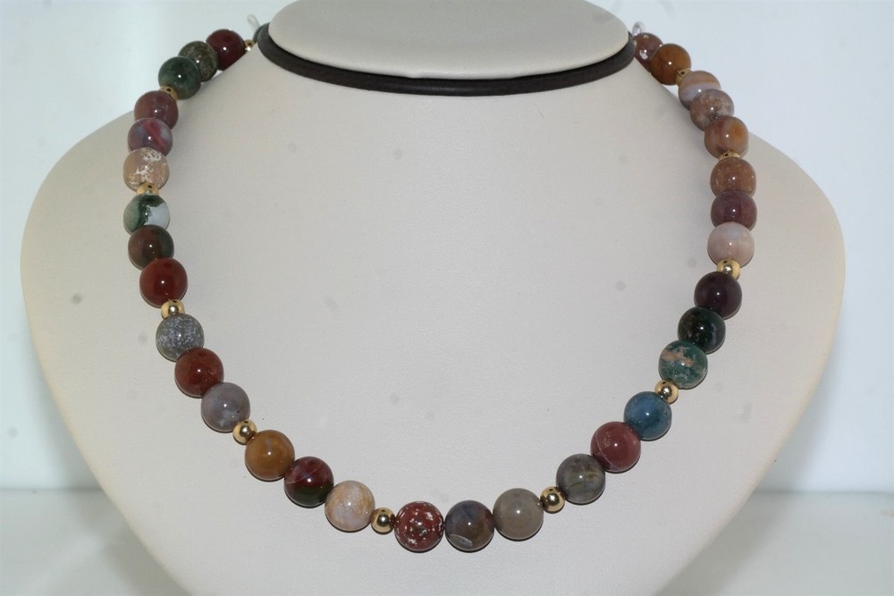 10mm Multi Color Agate Jasper Gold Filled Bead 18″ Necklace Strand