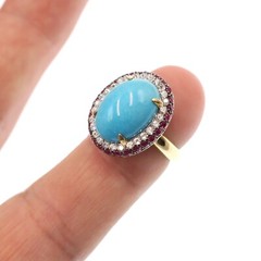 14k Solid Yellow Gold Natural Turquoise White Sapphire and Ruby HALO Ring Sz 5