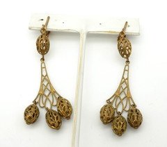 Vintage Brass Filigree Chandelier Dangle Drop Clip on Earrings Ornate