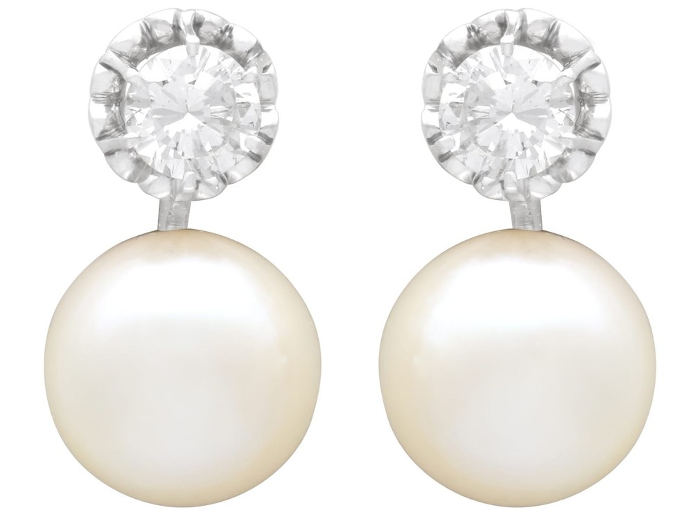 Vintage Cultured Pearl and 1.07Ct Diamond Platinum Earrings Circa 1950