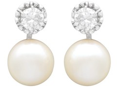 Vintage Cultured Pearl and 1.07Ct Diamond Platinum Earrings Circa 1950