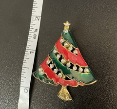 Christmas Trees Brooch Pin Red Green and Gold with Rhinestones