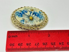 Vintage Goldtone Blue Flowers Floral Printed Milk Glass Inset Brooch Pin