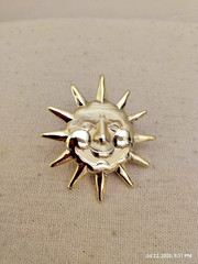 Gold Tone Smiley Sun Face with Cheerful Vibe Marked AJC