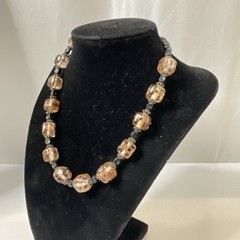 Vintage Art Glass Beaded Necklace Light Pink & Black Artisan Choker Length 14″