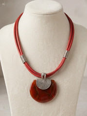 Contemporary Statement Necklace Red Agate Look Pendant Double Cord Silver Tone