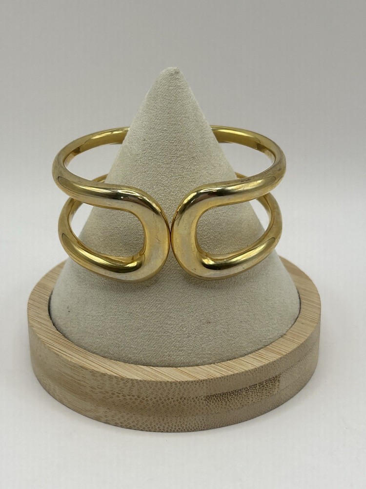 Vintage Gold Tone Modernist Hinged Cuff Bracelet Abstract Statement Spring Clasp