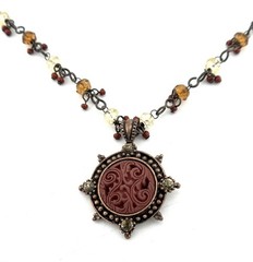 Vintage Style Copper Tone Carved Pendant Beaded Necklace Amber Red Crystals